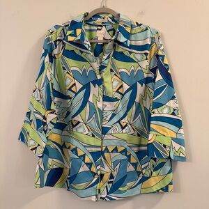 Chico's Blue Green Yellow Geometric Button Down Shirt